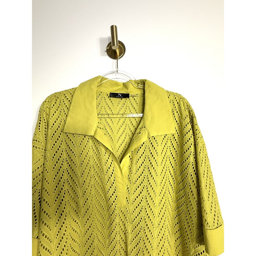 Natori lime wasabi green 100% cotton eyelet shirtdress lined relaxed fit, SzXL - Picture 5 of 15